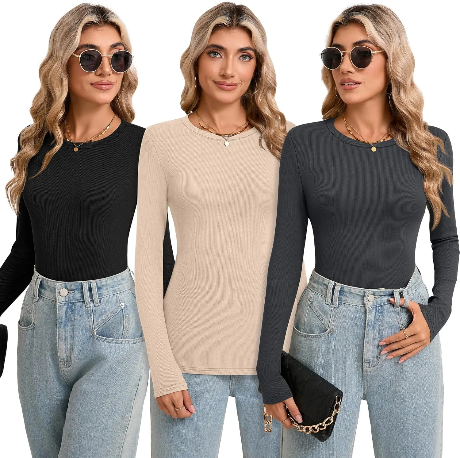 Riyiper 3 Pack Long Sleeve Shirts for Women Ribbed Going Out Tops Crew Neck Basic Undershirts Casual Layer Knit Slim Fit Tees
