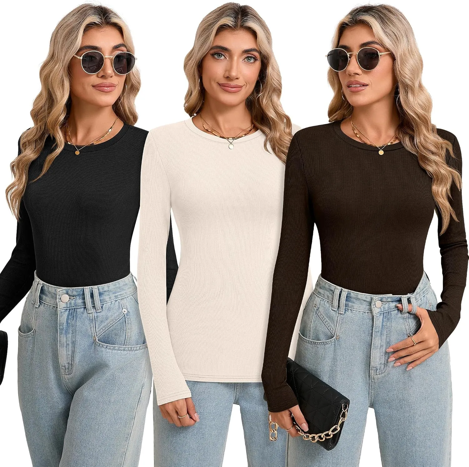 Riyiper 3 Pack Long Sleeve Shirts for Women Ribbed Going Out Tops Crew Neck Basic Undershirts Casual Layer Knit Slim Fit Tees
