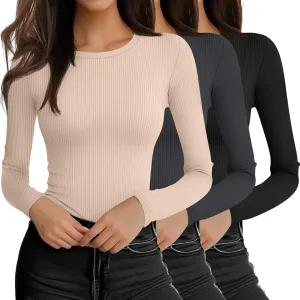 Riyiper 3 Pack Long Sleeve Shirts for Women Ribbed Going Out Tops Crew Neck Basic Undershirts Casual Layer Knit Slim Fit Tees