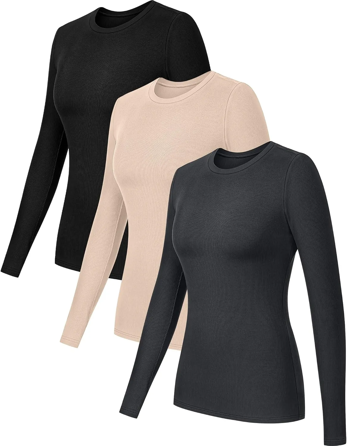 Riyiper 3 Pack Long Sleeve Shirts for Women Ribbed Going Out Tops Crew Neck Basic Undershirts Casual Layer Knit Slim Fit Tees