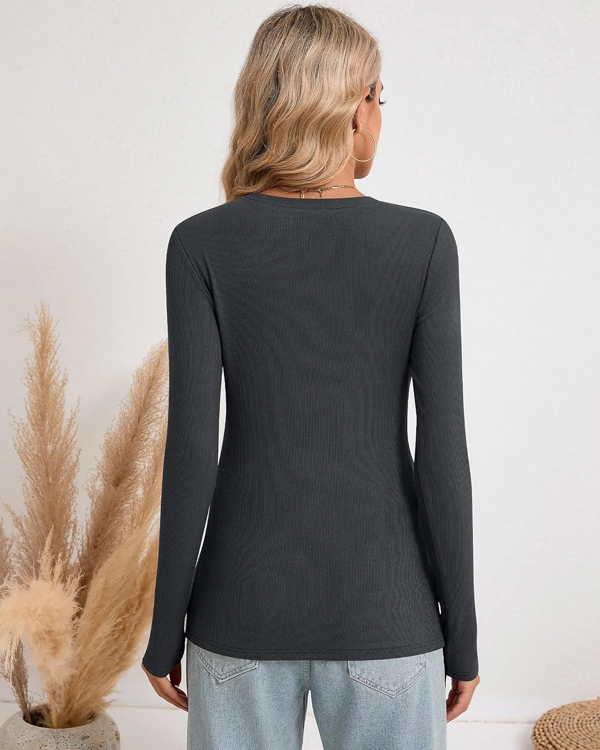 Riyiper 3 Pack Long Sleeve Shirts for Women Ribbed Going Out Tops Crew Neck Basic Undershirts Casual Layer Knit Slim Fit Tees