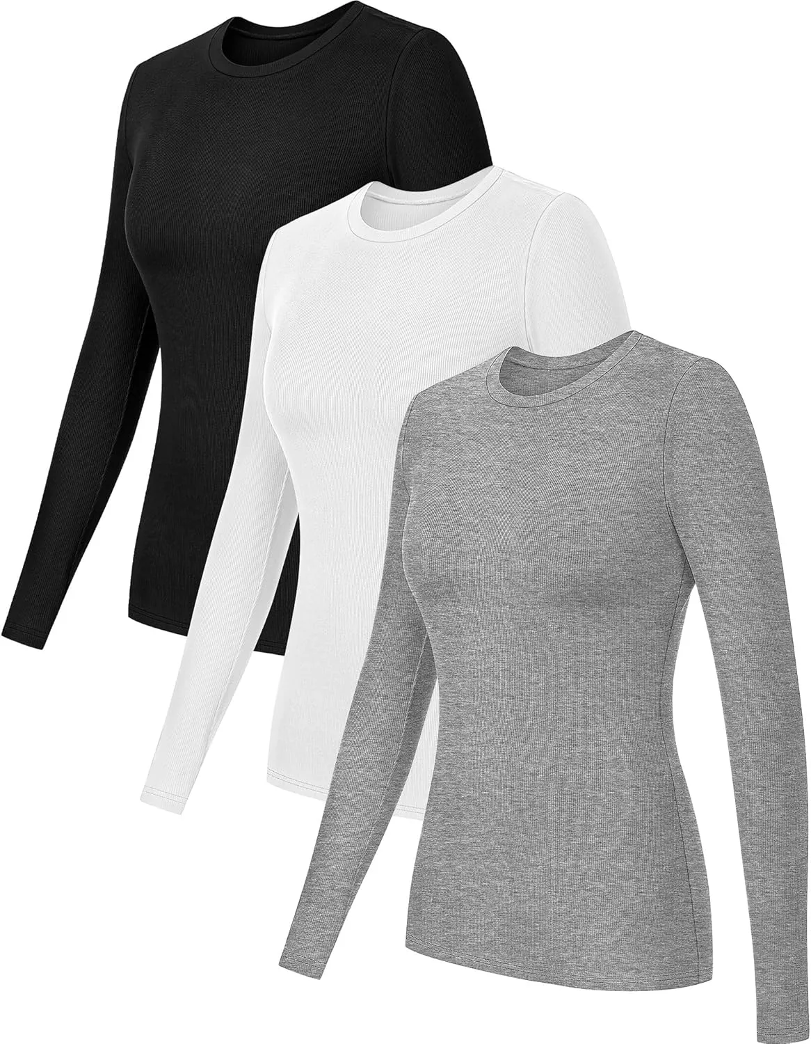 Riyiper 3 Pack Long Sleeve Shirts for Women Ribbed Going Out Tops Crew Neck Basic Undershirts Casual Layer Knit Slim Fit Tees