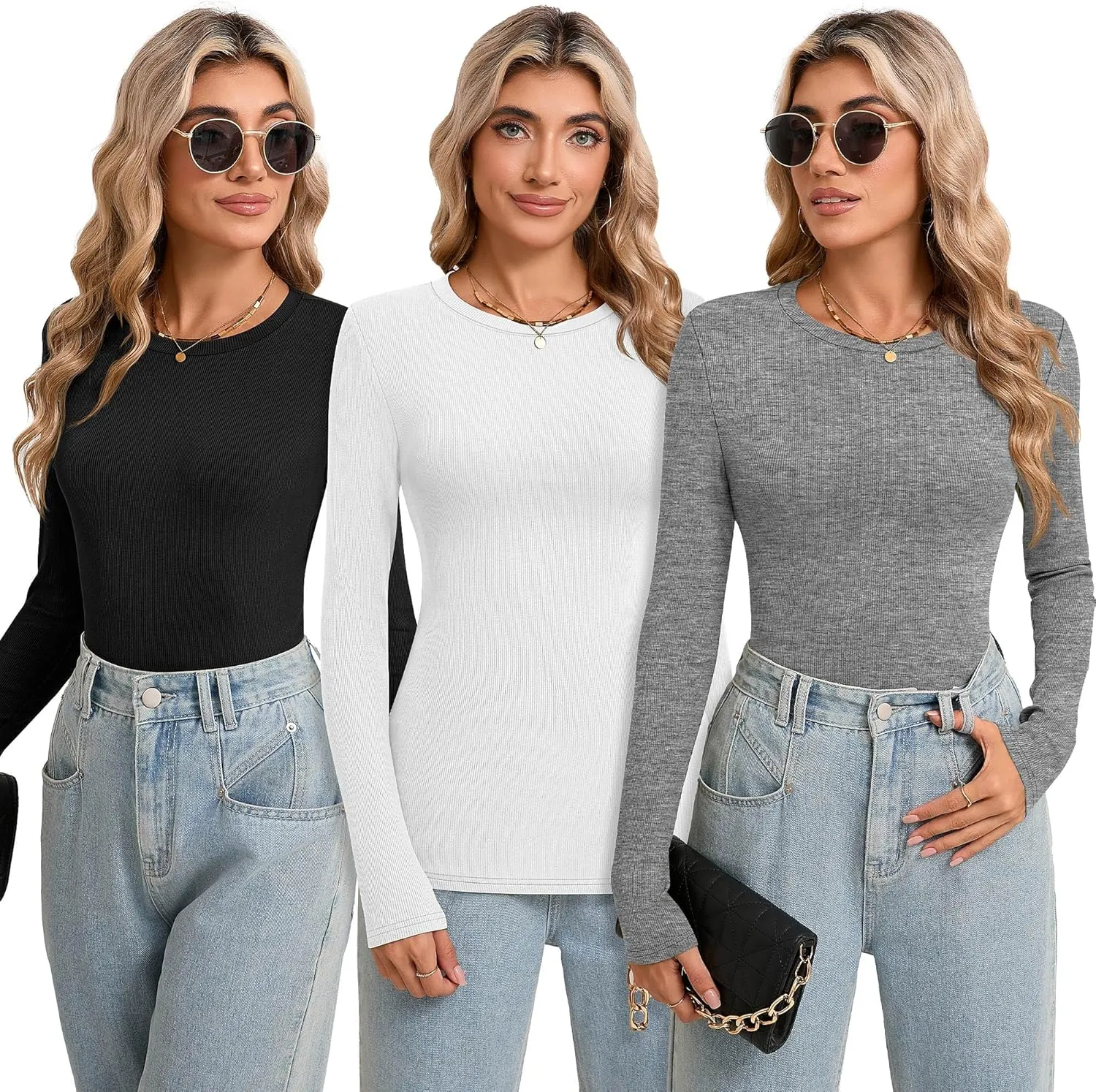 Riyiper 3 Pack Long Sleeve Shirts for Women Ribbed Going Out Tops Crew Neck Basic Undershirts Casual Layer Knit Slim Fit Tees