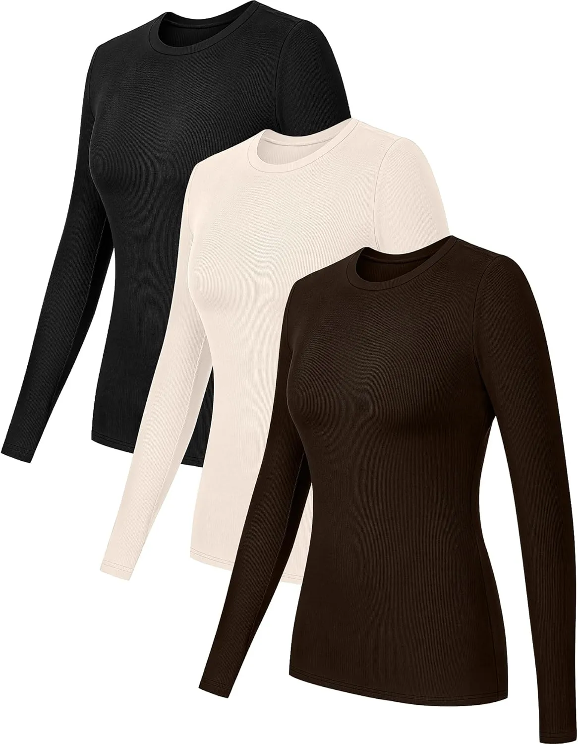 Riyiper 3 Pack Long Sleeve Shirts for Women Ribbed Going Out Tops Crew Neck Basic Undershirts Casual Layer Knit Slim Fit Tees