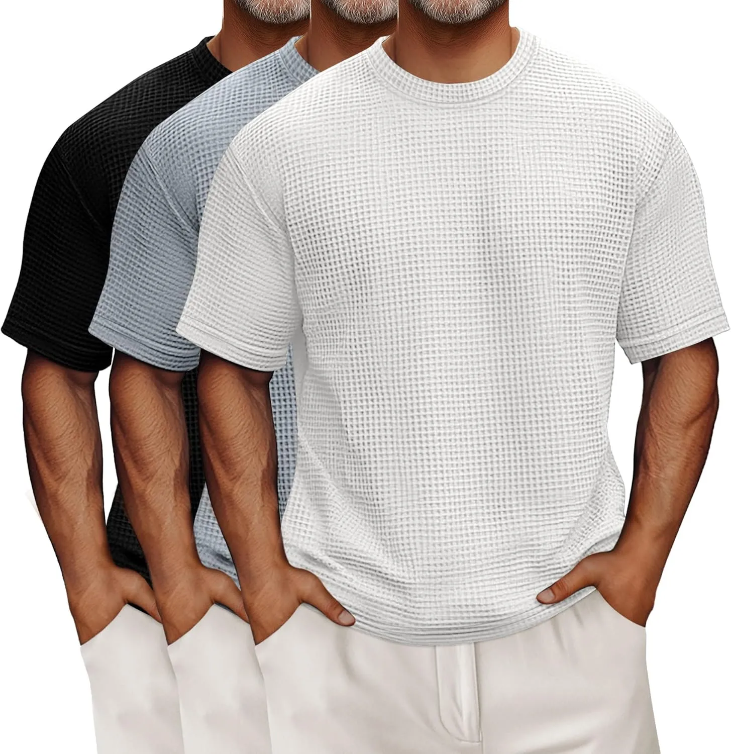 Riyiper 3 Pack Men's Big and Tall Waffle T Shirts, Short Sleeve Crew Neck Tops Casual Textured Knit Pullover Lightweight Tees