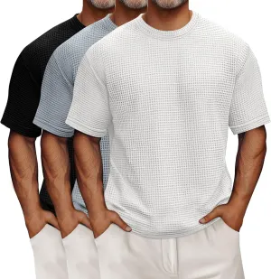 Riyiper 3 Pack Men's Big and Tall Waffle T Shirts, Short Sleeve Crew Neck Tops Casual Textured Knit Pullover Lightweight Tees