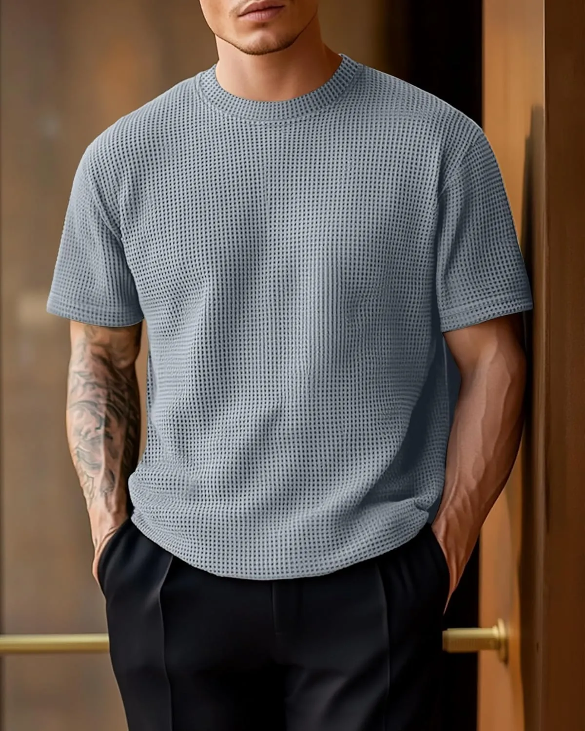 Riyiper 3 Pack Men's Big and Tall Waffle T Shirts, Short Sleeve Crew Neck Tops Casual Textured Knit Pullover Lightweight Tees