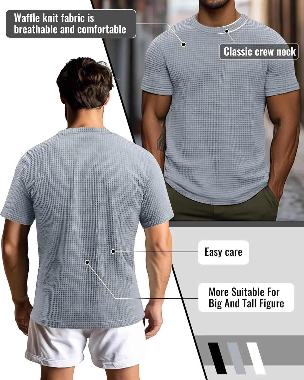 Riyiper 3 Pack Men's Big and Tall Waffle T Shirts, Short Sleeve Crew Neck Tops Casual Textured Knit Pullover Lightweight Tees