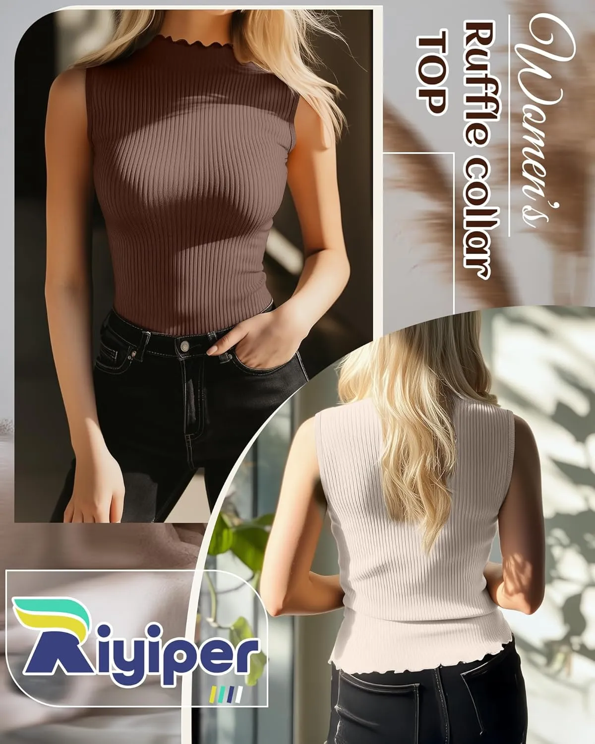 Riyiper 3 Pack Women's Sleeveless Mock Turtlenecks Shirts Lettuce Trim Ribbed Knit Slim Summer Casual Tank Tops Basic Tees