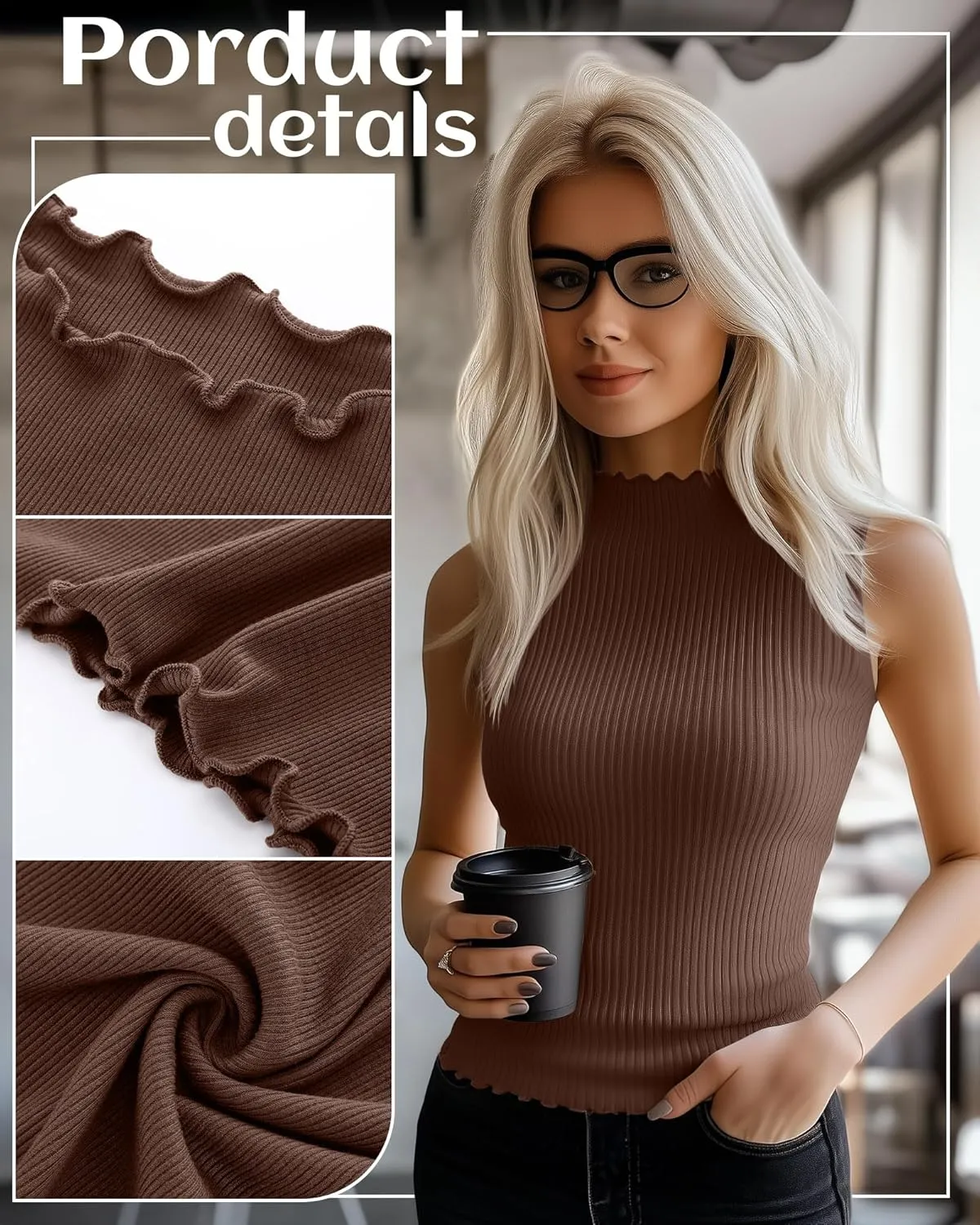Riyiper 3 Pack Women's Sleeveless Mock Turtlenecks Shirts Lettuce Trim Ribbed Knit Slim Summer Casual Tank Tops Basic Tees