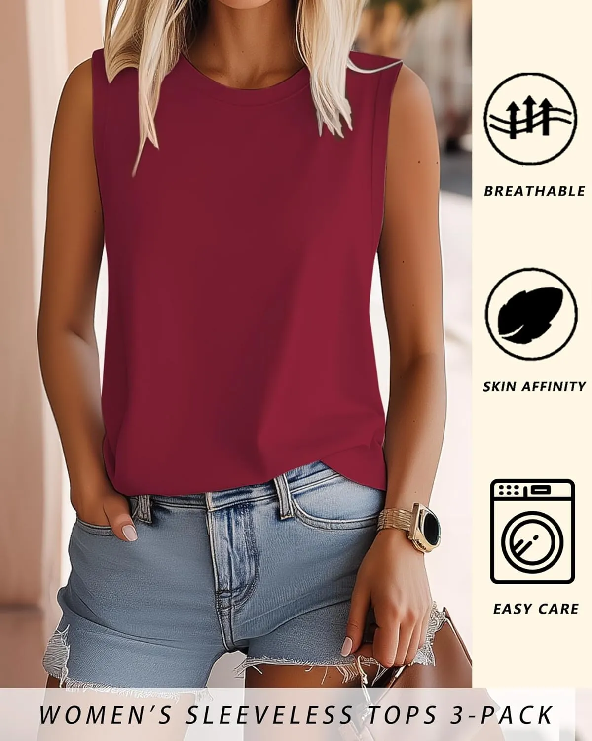 Riyiper 3 Pack Women's Sleeveless Tops, 2025 Loose Fit High Neck Tank Tops Casual Summer Muscle Shirts Ladies' Flowy Tees