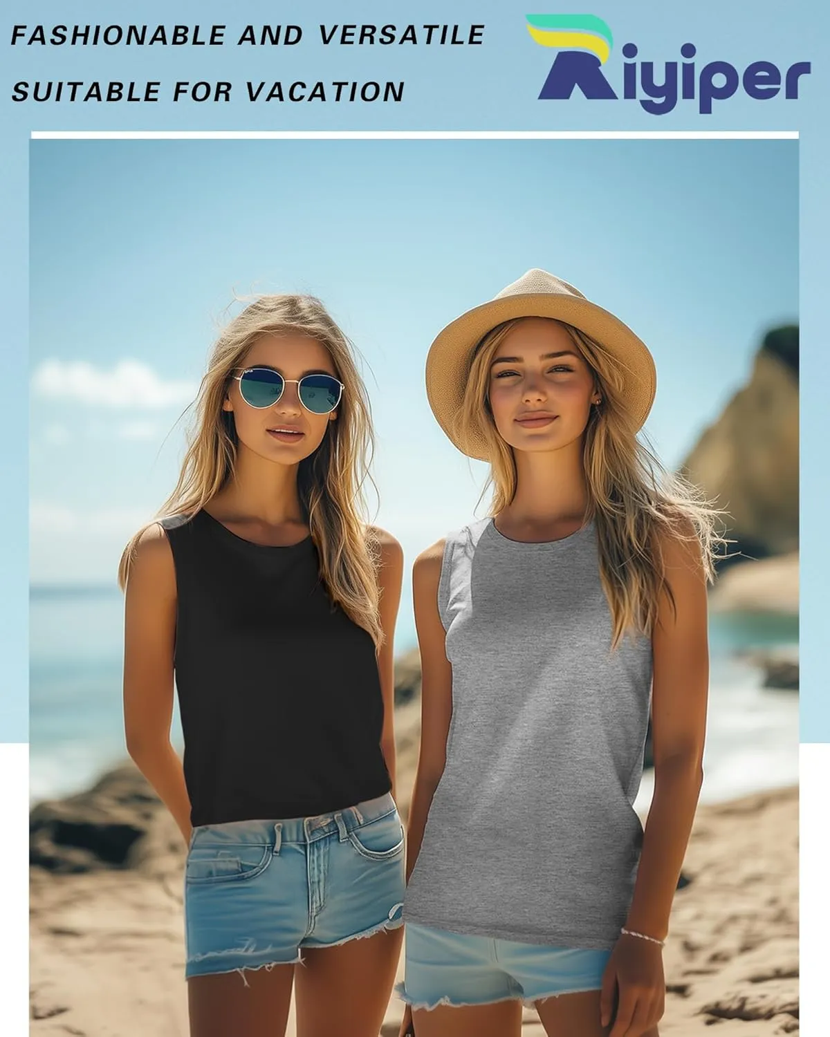 Riyiper 3 Pack Women's Sleeveless Tops, 2025 Loose Fit High Neck Tank Tops Casual Summer Muscle Shirts Ladies' Flowy Tees