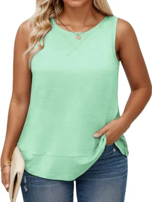 ROSRISS Plus Size Tank Tops for Women Summer Sleeveless T Shirts Loose Fit Crew Neck Tees Flowy Curved Hem Blouses XL-5XL