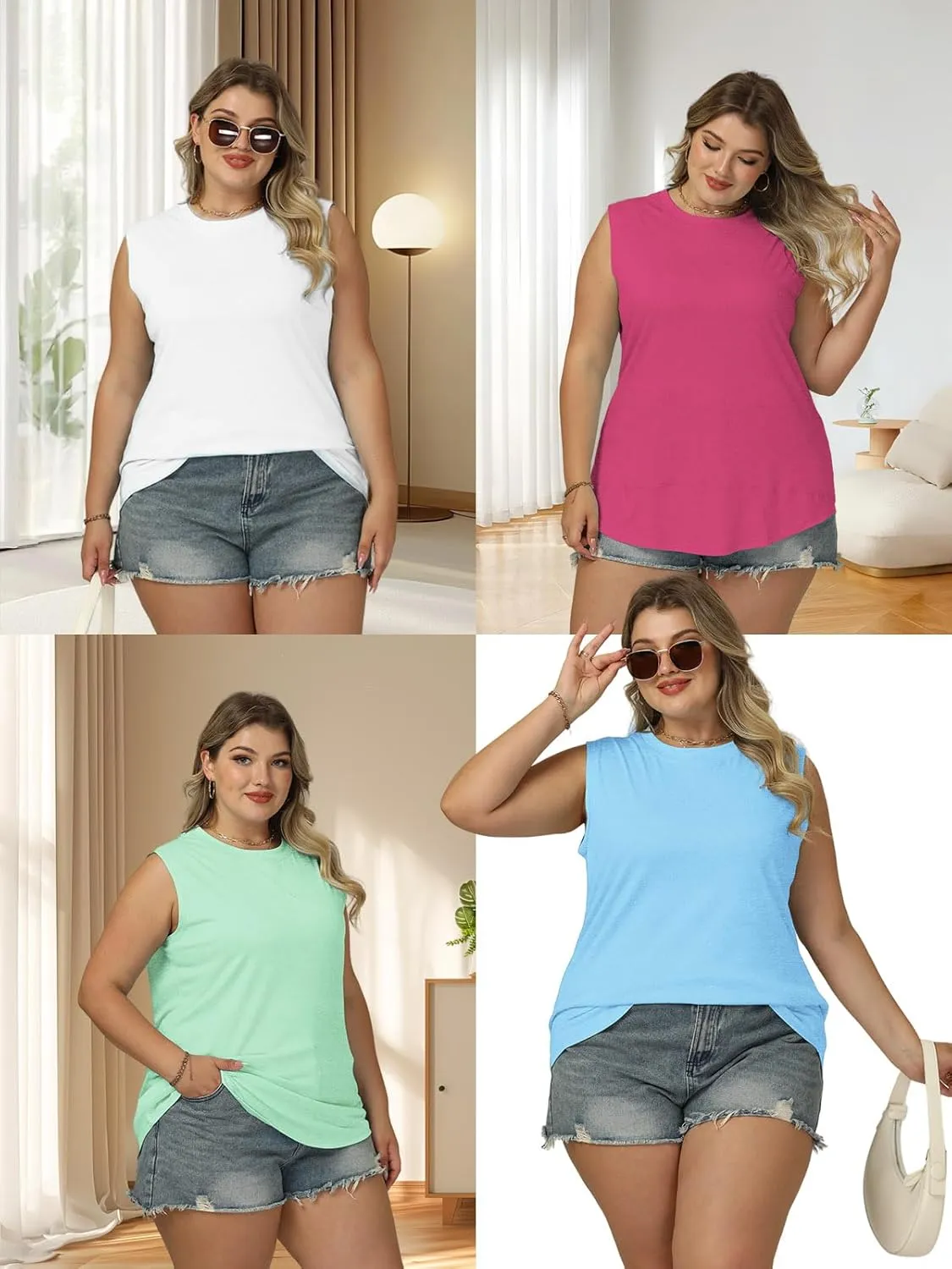 ROSRISS Plus Size Tank Tops for Women Summer Sleeveless T Shirts Loose Fit Crew Neck Tees Flowy Curved Hem Blouses XL-5XL
