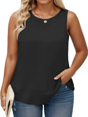 ROSRISS Plus Size Tank Tops for Women Summer Sleeveless T Shirts Loose Fit Crew Neck Tees Flowy Curved Hem Blouses XL-5XL