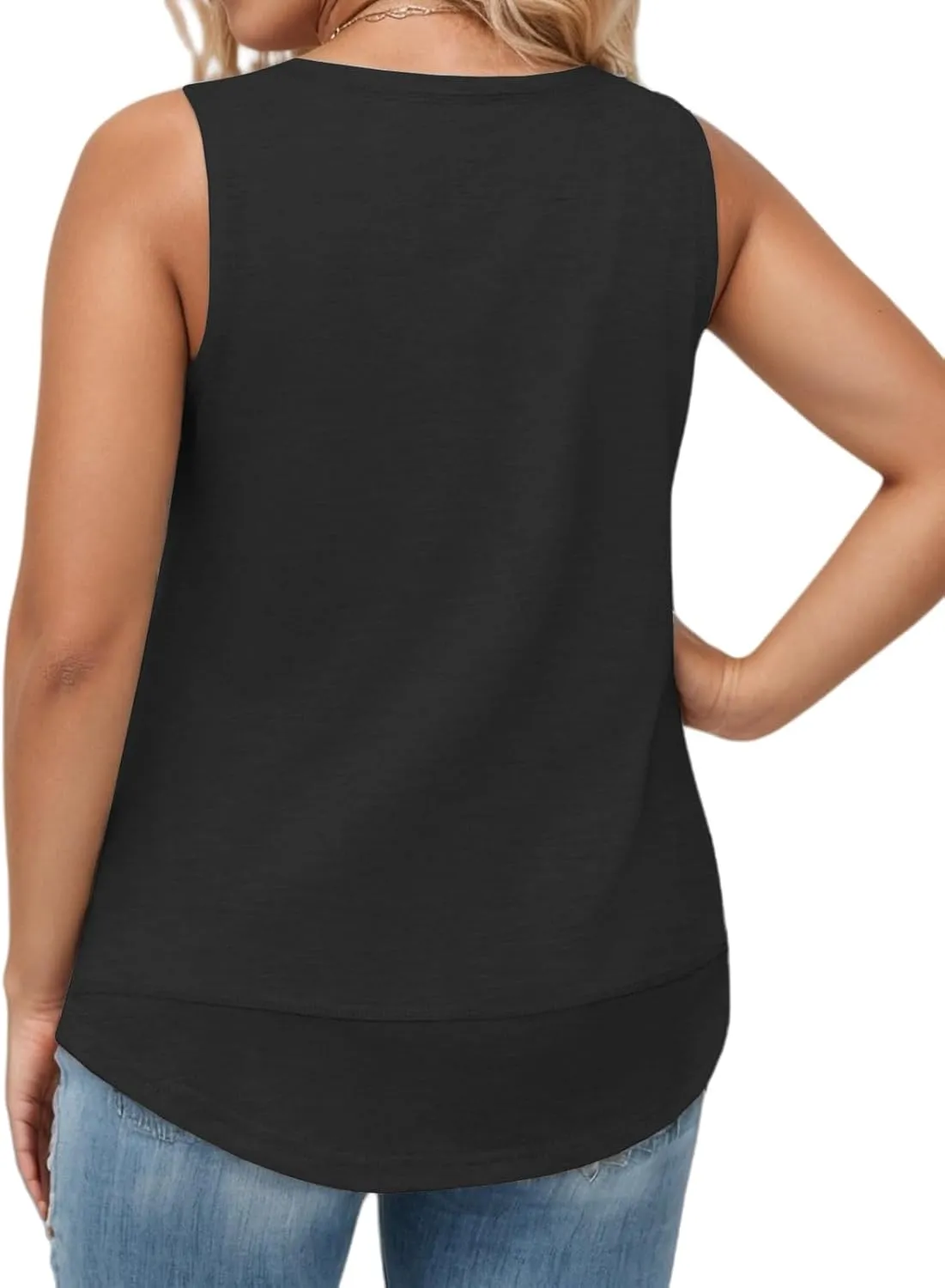 ROSRISS Plus Size Tank Tops for Women Summer Sleeveless T Shirts Loose Fit Crew Neck Tees Flowy Curved Hem Blouses XL-5XL