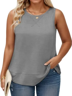 ROSRISS Plus Size Tank Tops for Women Summer Sleeveless T Shirts Loose Fit Crew Neck Tees Flowy Curved Hem Blouses XL-5XL