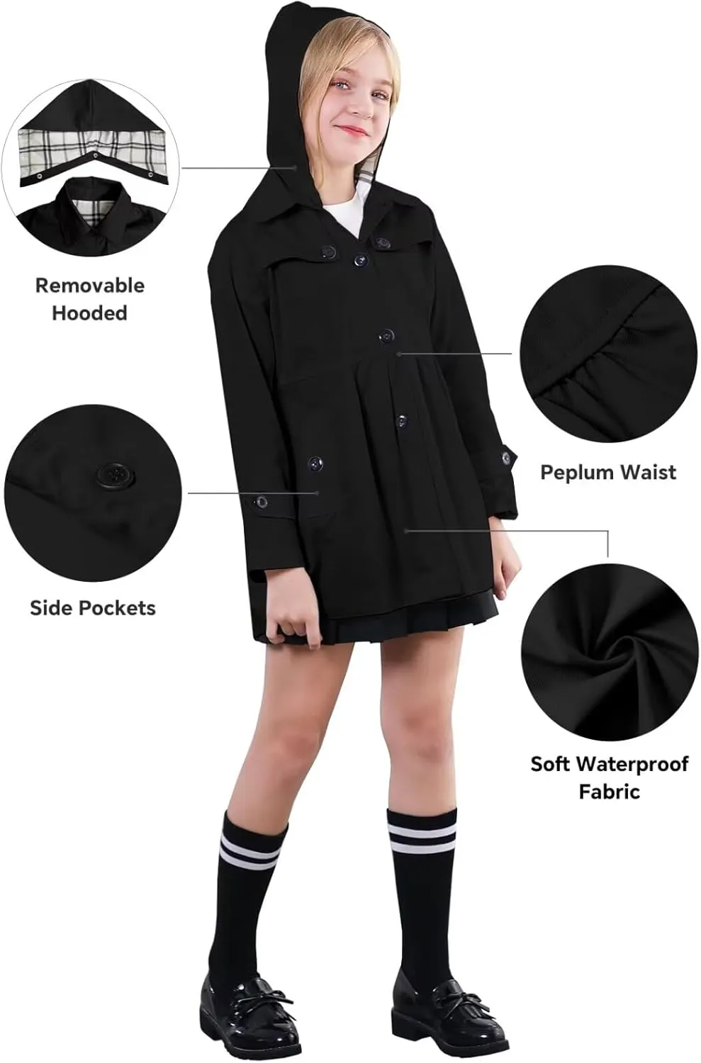 SANGTREE Girl's Waterproof Trench Coat Hooded Lightweight Rain Jackets