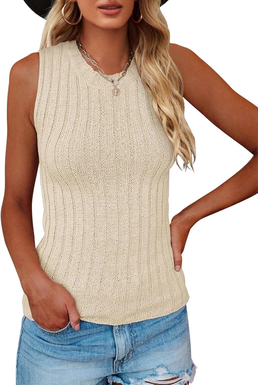 Saodimallsu Womens High Neck Tank Top Summer Ribbed Sleeveless Shirts Casual Loose Knit Cami Sweater Vest
