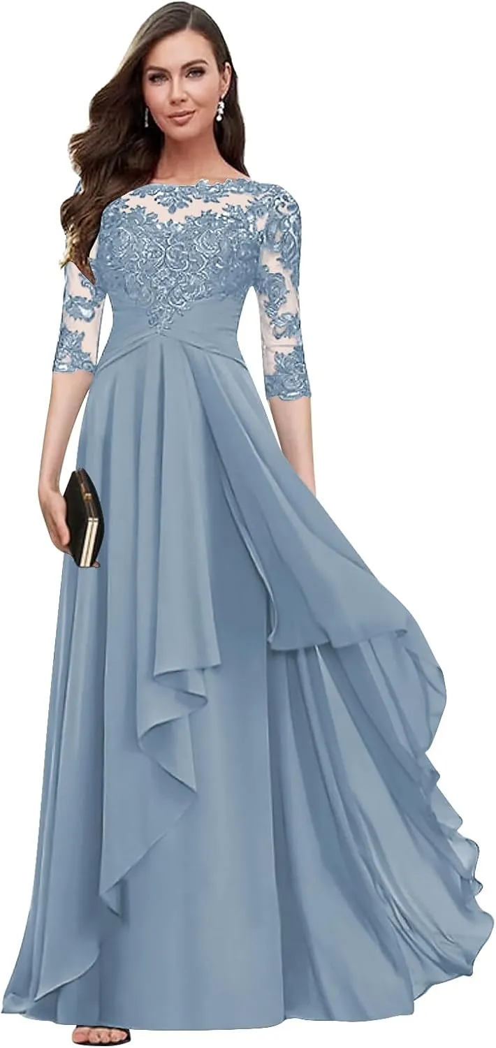 Scoop Neck Chiffon Mother of The Bride Dresses for Women Ruffle Lace A-line Long Formal Evening Gown with Sleeves