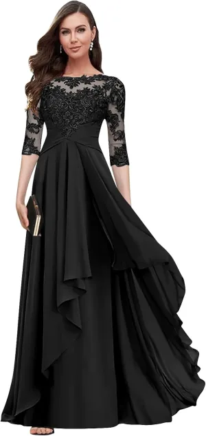 Scoop Neck Chiffon Mother of The Bride Dresses for Women Ruffle Lace A-line Long Formal Evening Gown with Sleeves