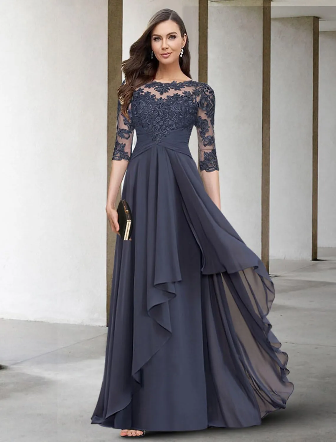 Scoop Neck Chiffon Mother of The Bride Dresses for Women Ruffle Lace A-line Long Formal Evening Gown with Sleeves