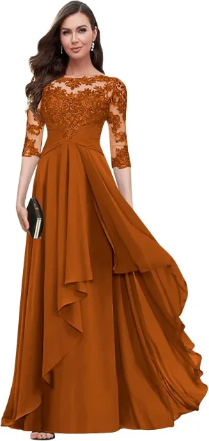 Scoop Neck Chiffon Mother of The Bride Dresses for Women Ruffle Lace A-line Long Formal Evening Gown with Sleeves