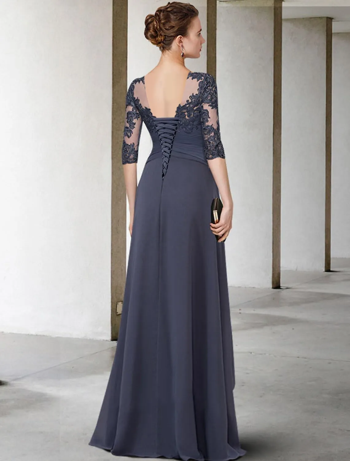Scoop Neck Chiffon Mother of The Bride Dresses for Women Ruffle Lace A-line Long Formal Evening Gown with Sleeves