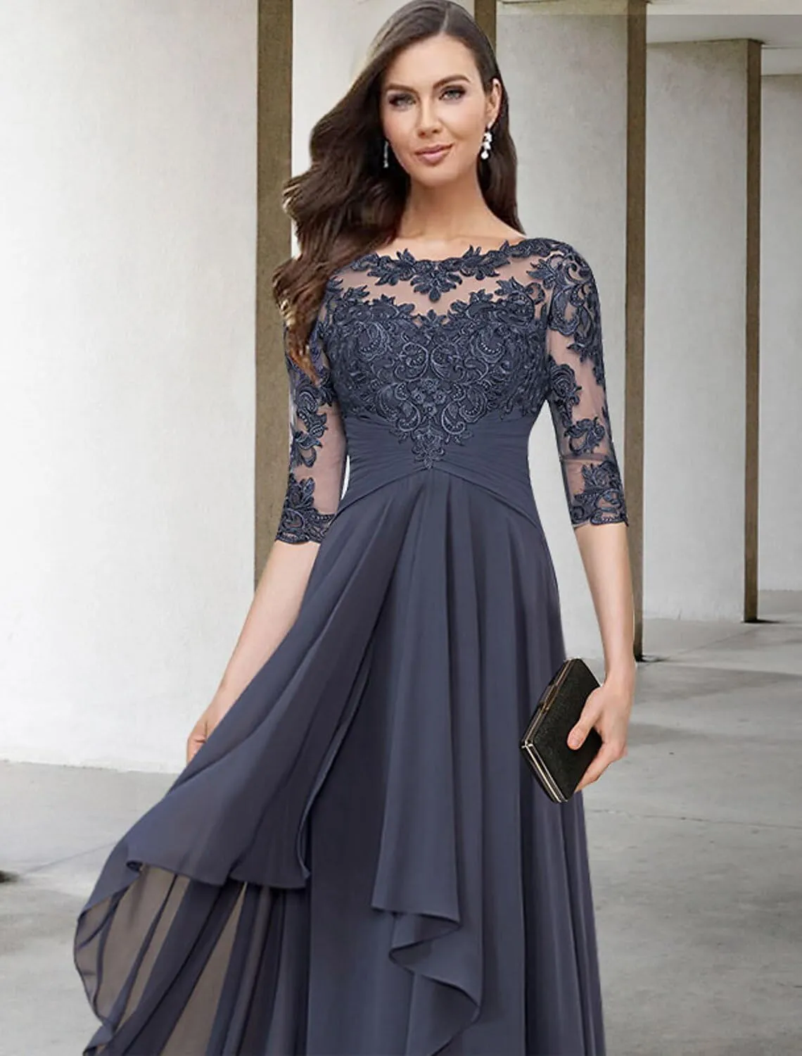 Scoop Neck Chiffon Mother of The Bride Dresses for Women Ruffle Lace A-line Long Formal Evening Gown with Sleeves