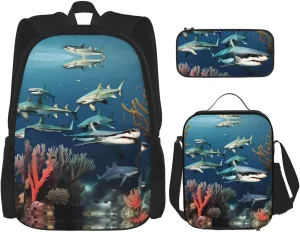 Sharks under the sea Large capacity durable school bag   pencil case   lunch bag, accompany your children to study happily every day