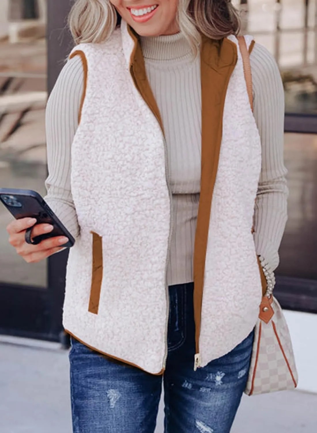 SHEWIN Women Puffer Vest Casual Stand Collar Sleeveless Puffer Jacket Warm Winter Reversible Zip Up Outerwear with Pockets