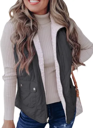 SHEWIN Women Puffer Vest Casual Stand Collar Sleeveless Puffer Jacket Warm Winter Reversible Zip Up Outerwear with Pockets
