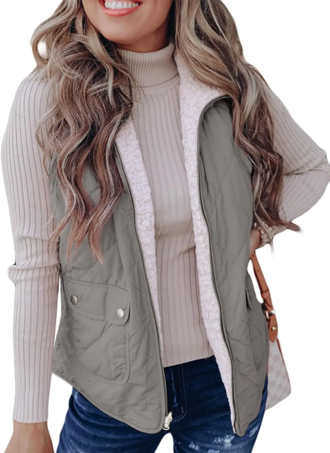 SHEWIN Women Puffer Vest Casual Stand Collar Sleeveless Puffer Jacket Warm Winter Reversible Zip Up Outerwear with Pockets