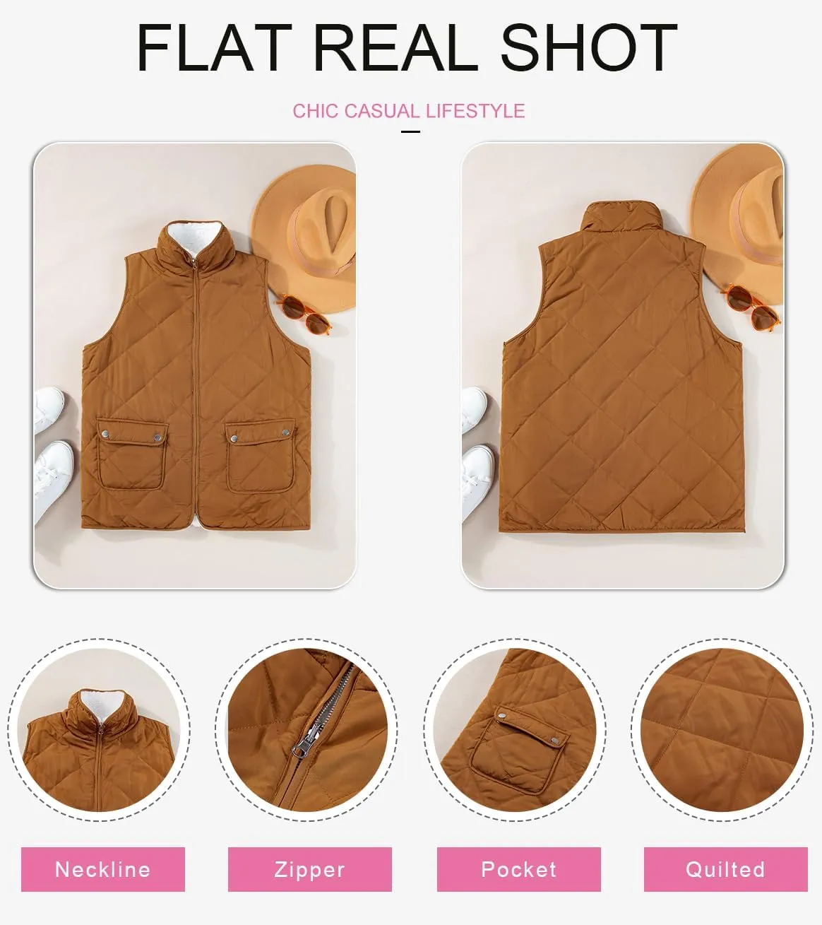 SHEWIN Women Puffer Vest Casual Stand Collar Sleeveless Puffer Jacket Warm Winter Reversible Zip Up Outerwear with Pockets