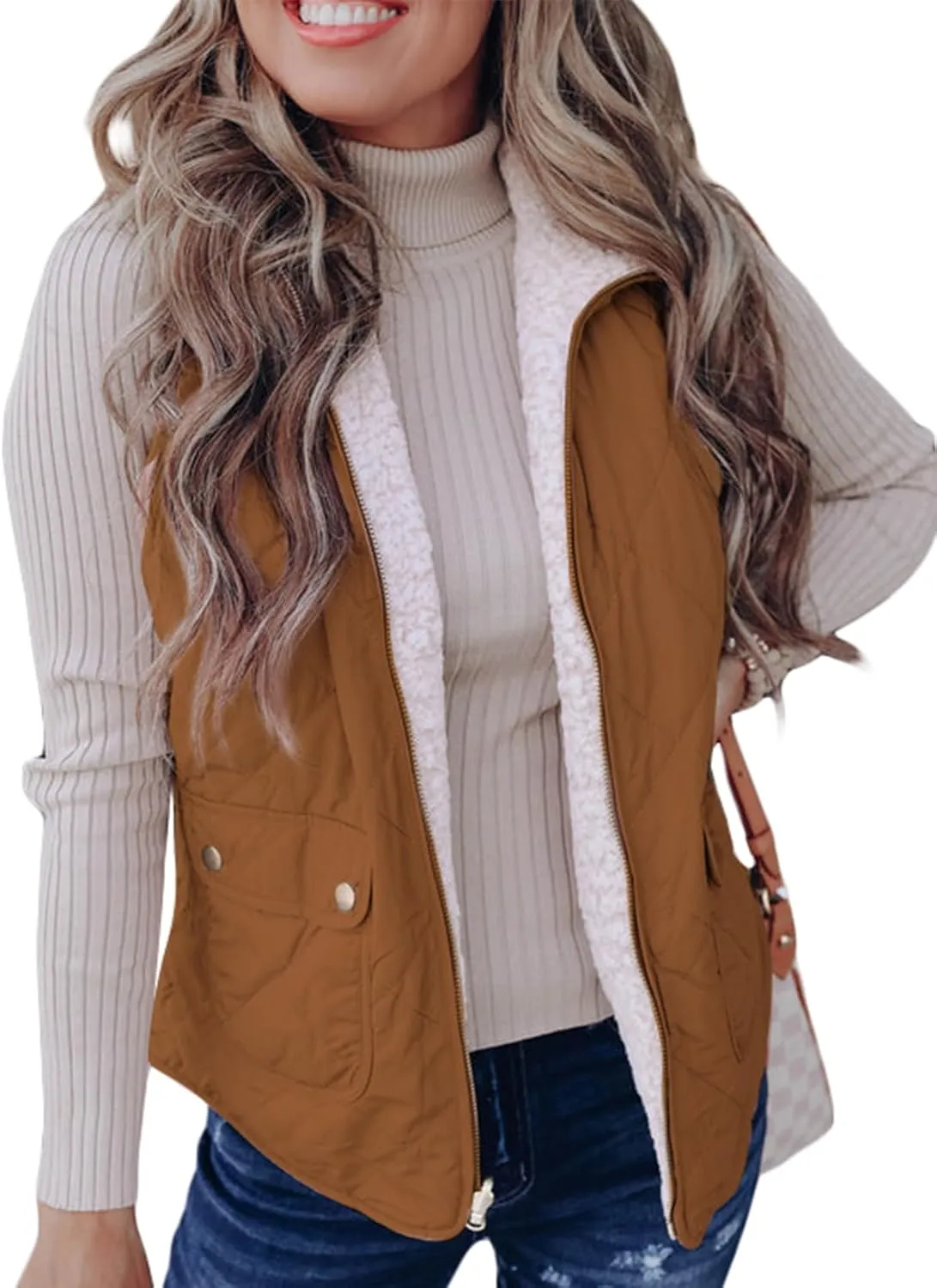 SHEWIN Women Puffer Vest Casual Stand Collar Sleeveless Puffer Jacket Warm Winter Reversible Zip Up Outerwear with Pockets