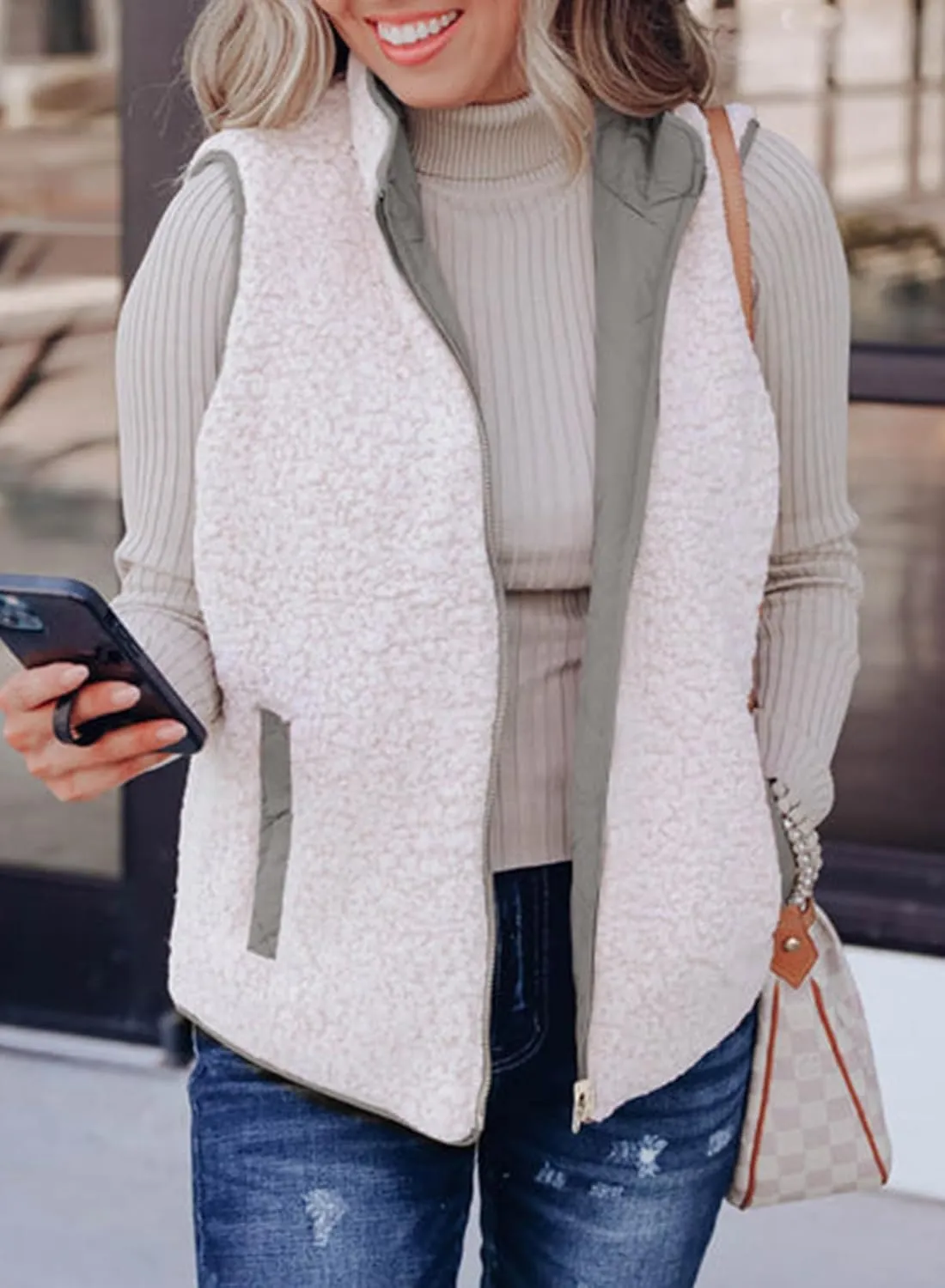 SHEWIN Women Puffer Vest Casual Stand Collar Sleeveless Puffer Jacket Warm Winter Reversible Zip Up Outerwear with Pockets