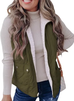 SHEWIN Women Puffer Vest Casual Stand Collar Sleeveless Puffer Jacket Warm Winter Reversible Zip Up Outerwear with Pockets