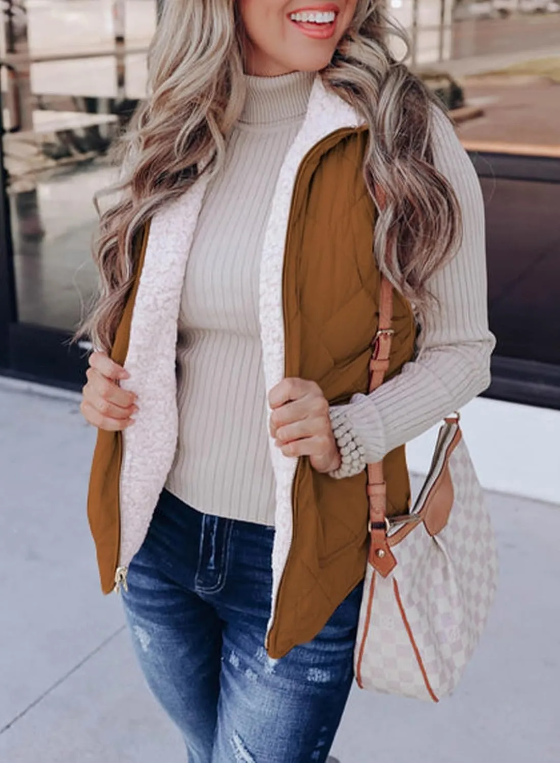 SHEWIN Women Puffer Vest Casual Stand Collar Sleeveless Puffer Jacket Warm Winter Reversible Zip Up Outerwear with Pockets