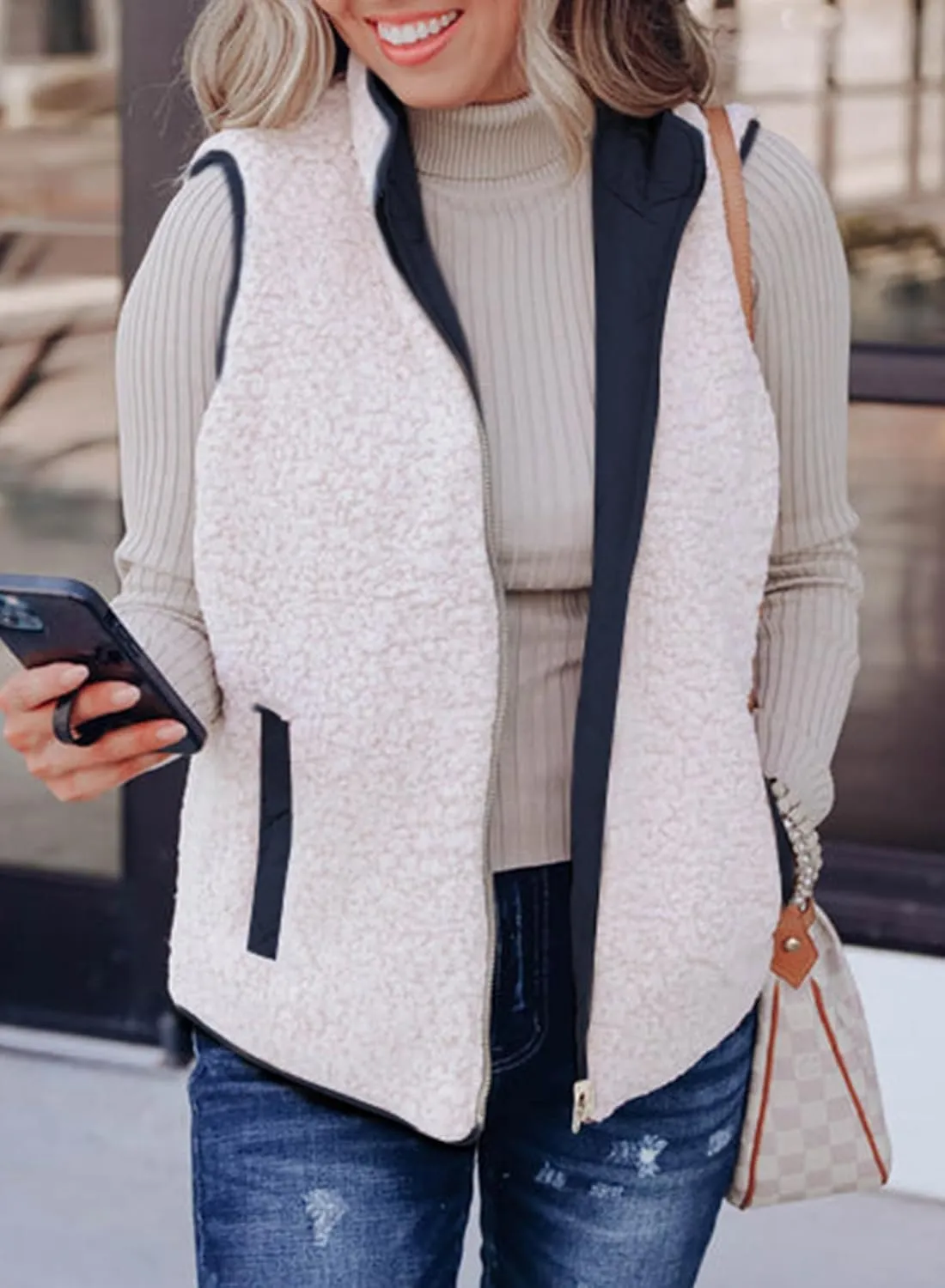SHEWIN Women Puffer Vest Casual Stand Collar Sleeveless Puffer Jacket Warm Winter Reversible Zip Up Outerwear with Pockets