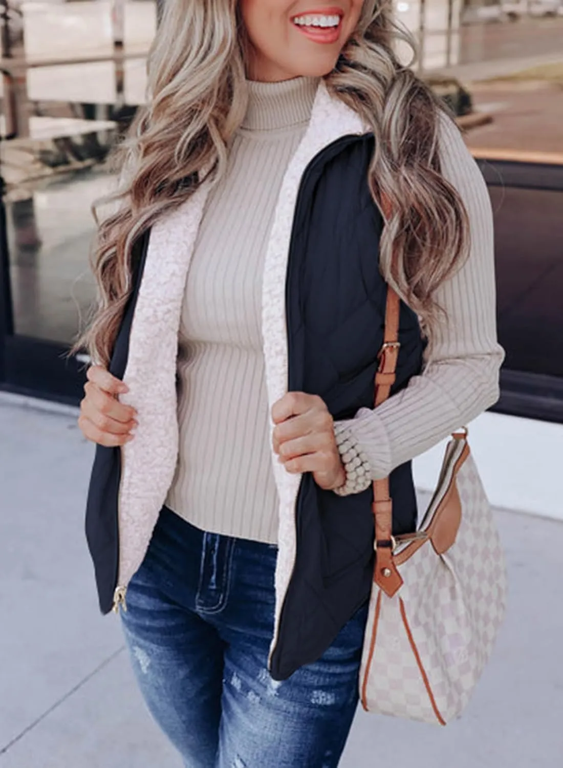SHEWIN Women Puffer Vest Casual Stand Collar Sleeveless Puffer Jacket Warm Winter Reversible Zip Up Outerwear with Pockets