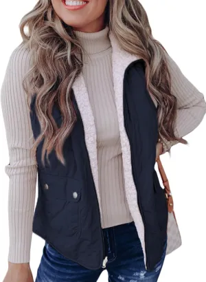 SHEWIN Women Puffer Vest Casual Stand Collar Sleeveless Puffer Jacket Warm Winter Reversible Zip Up Outerwear with Pockets