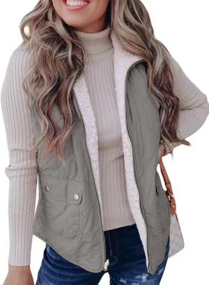 SHEWIN Women Puffer Vest Casual Stand Collar Sleeveless Puffer Jacket Warm Winter Reversible Zip Up Outerwear with Pockets