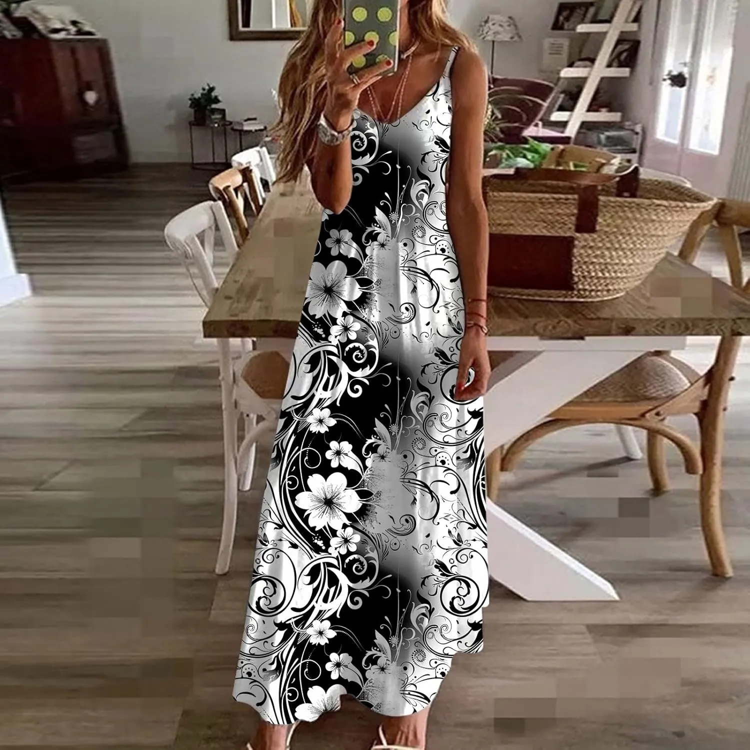 Summer Dresses for Women 2025 Beach Vacation Sexy Spaghetti Strap v Neck Sun Dress Flowy Maxi Long Sundresses Trendy