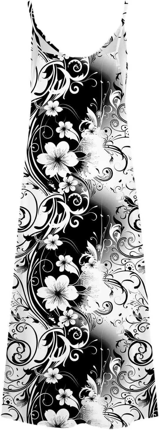 Summer Dresses for Women 2025 Beach Vacation Sexy Spaghetti Strap v Neck Sun Dress Flowy Maxi Long Sundresses Trendy