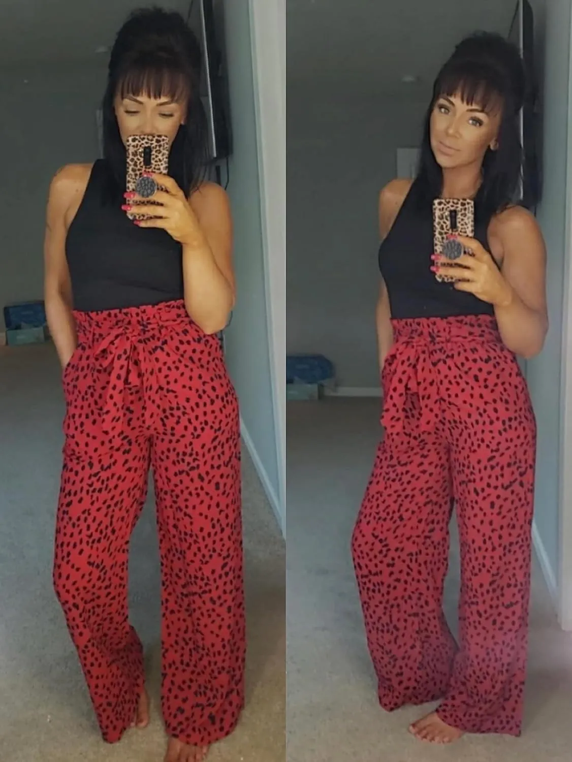 SySea Womens High Waisted Leopard Print Palazzo Pants Belted Wide Leg Long Trousers with Pockets