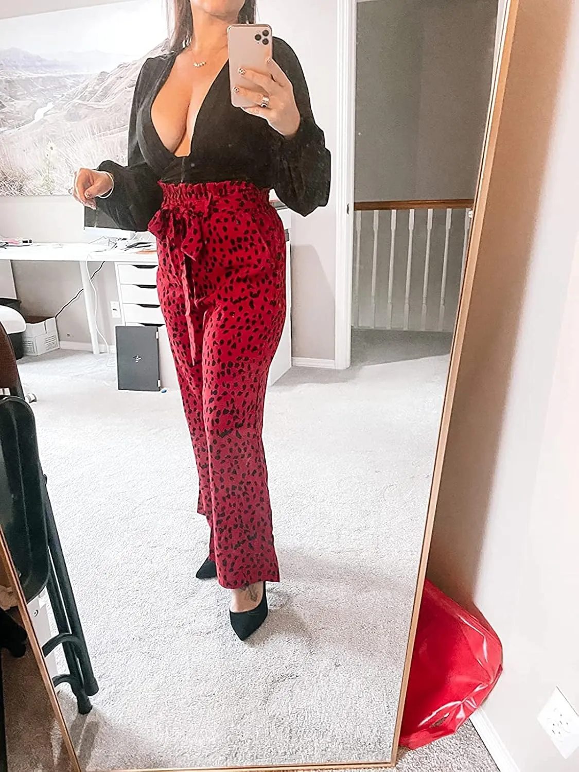 SySea Womens High Waisted Leopard Print Palazzo Pants Belted Wide Leg Long Trousers with Pockets