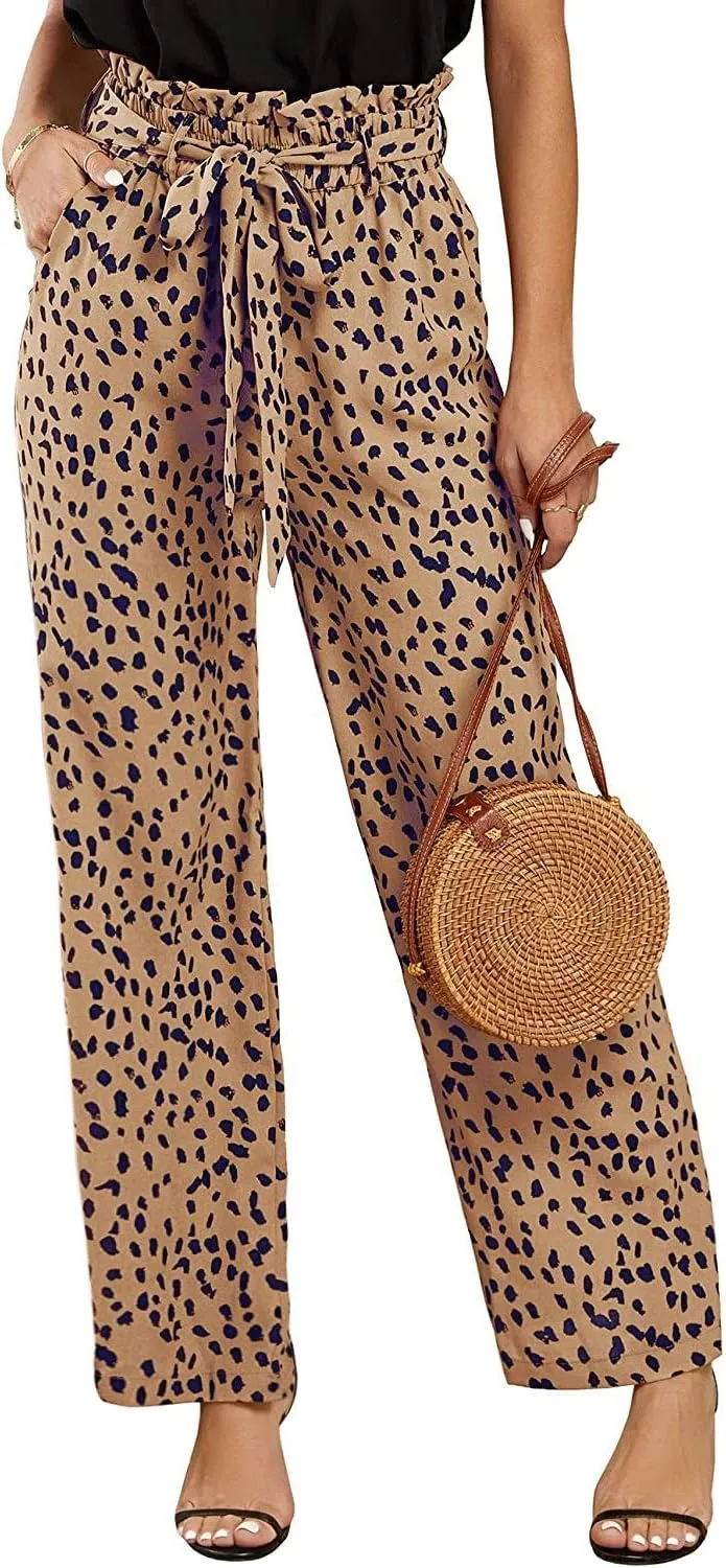 SySea Womens High Waisted Leopard Print Palazzo Pants Belted Wide Leg Long Trousers with Pockets