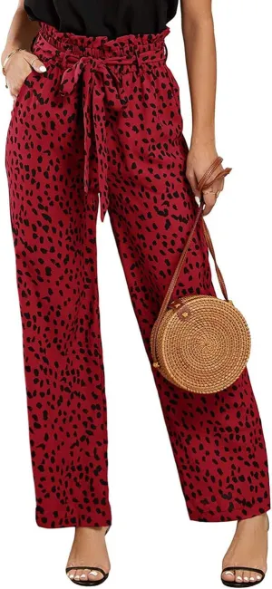 SySea Womens High Waisted Leopard Print Palazzo Pants Belted Wide Leg Long Trousers with Pockets