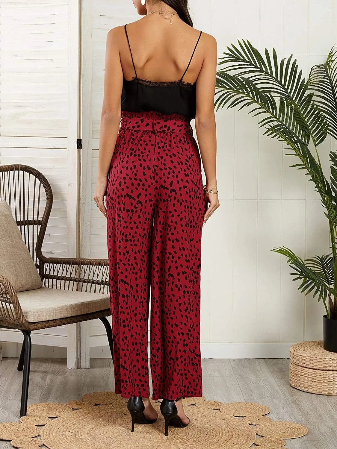 SySea Womens High Waisted Leopard Print Palazzo Pants Belted Wide Leg Long Trousers with Pockets