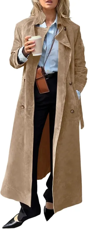 Tankaneo Womens Long Trench Coat Fall Faux Suede Jackets Double Breasted Lapel Pea Coat with Belt